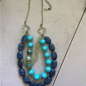 SIMPLE Addiction Beaded Necklace Multi Strand Blue/Green Rhinestones Gold Tone